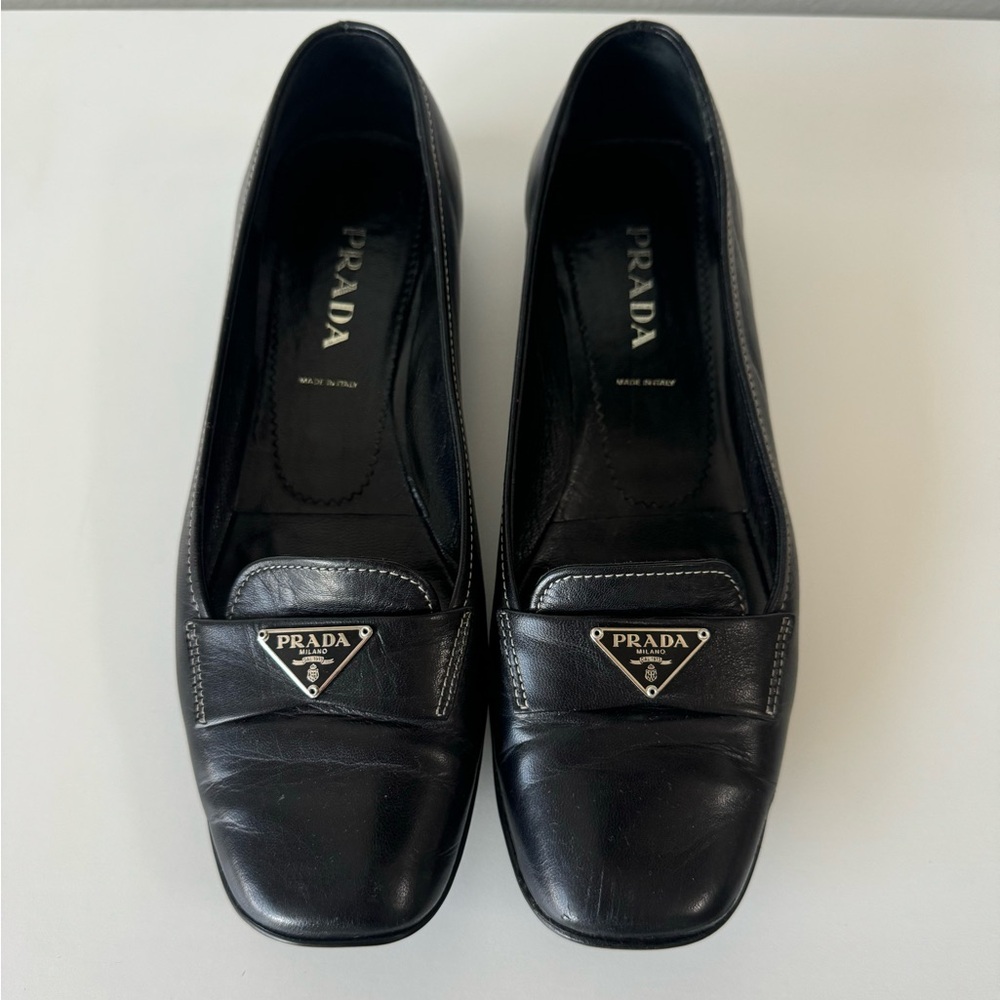 Prada Black Leather Logo Penny Loafers